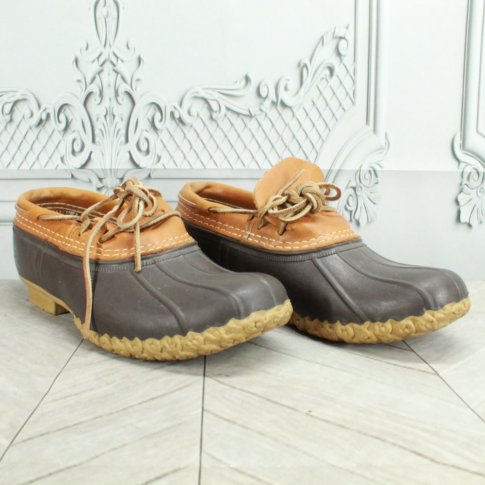 LL Bean Brown Leather Gumshoe Low Moccasin Duck Boots Size 8 Medium - Picture 3 of 10